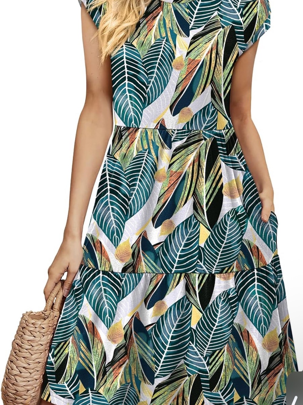 Tropical Leaf Tiered Midi Dress - Green